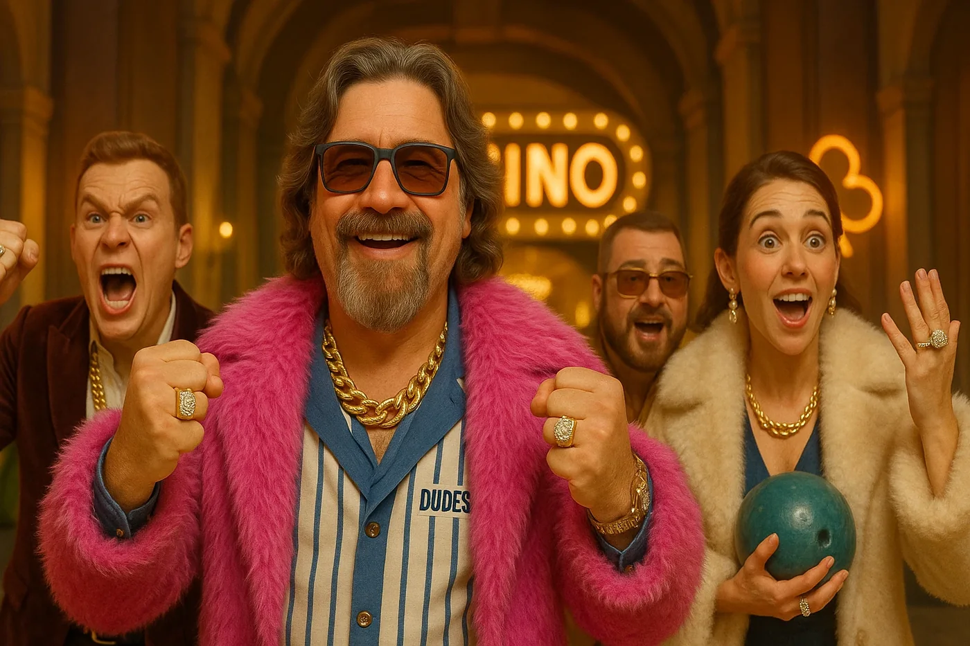 De DudeSpin-crew viert een strike in de neon bowlinglounge