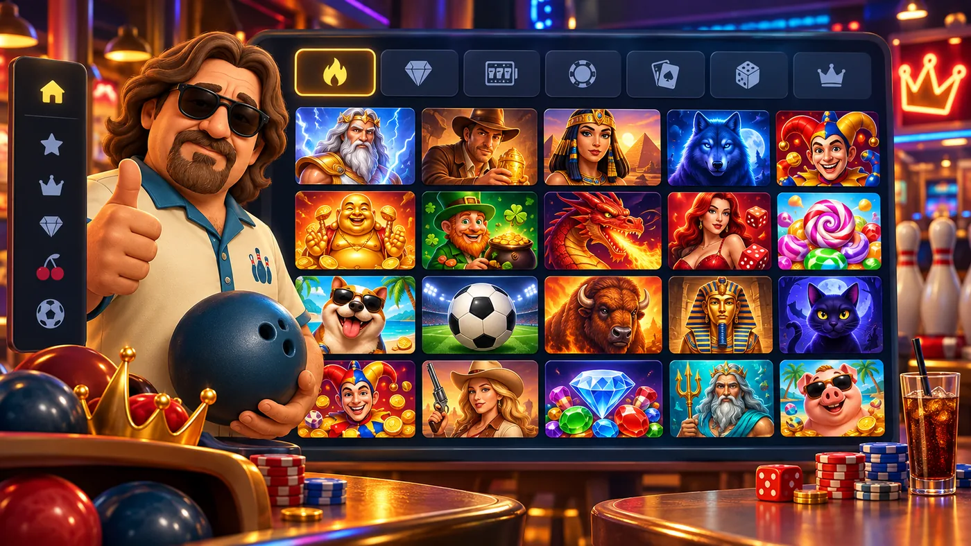 De spellenlobby van DudeSpin Casino op een scherm boven de banen